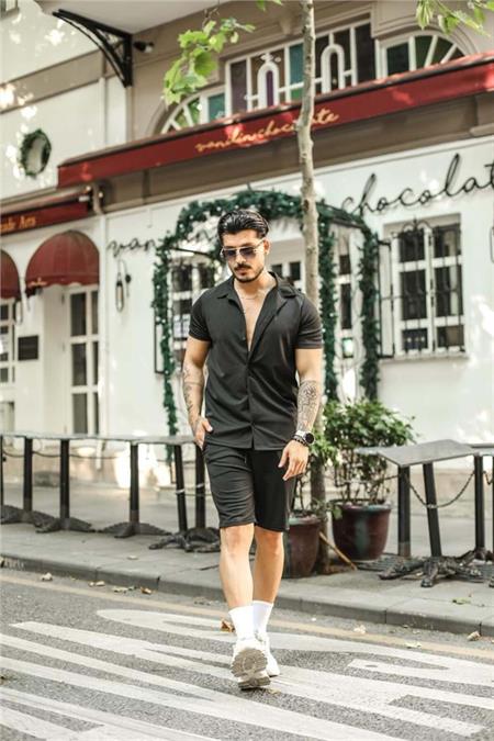 Erkek Siyah Slim Fit Alt Üst Şort Takım-gmlksrt01r01s