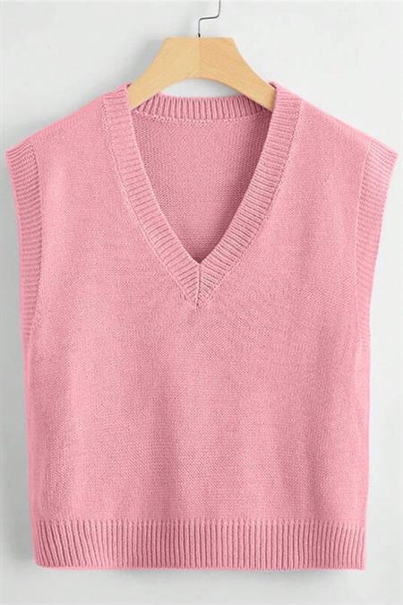 Elégance Pembe V Yaka Süveter