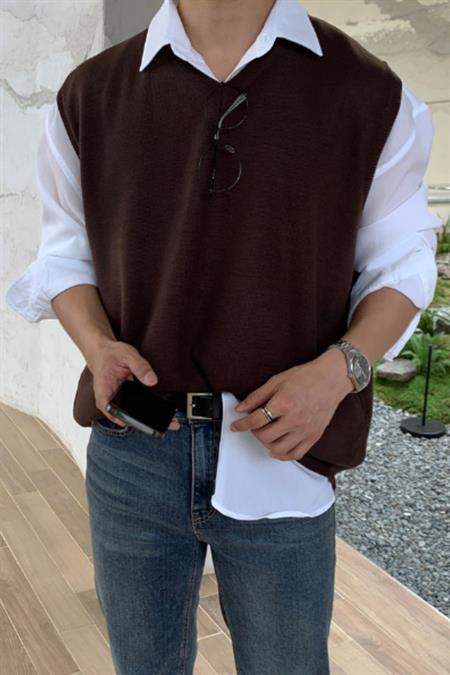 Erkek Kahverengi V Yaka Oversize Süveter