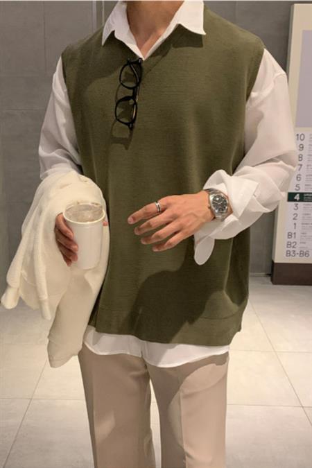 Erkek Kahverengi V Yaka Oversize Süveter