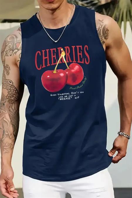 Erkek Lacivert Oversize Bisiklet Yaka Baskılı T-Shirt