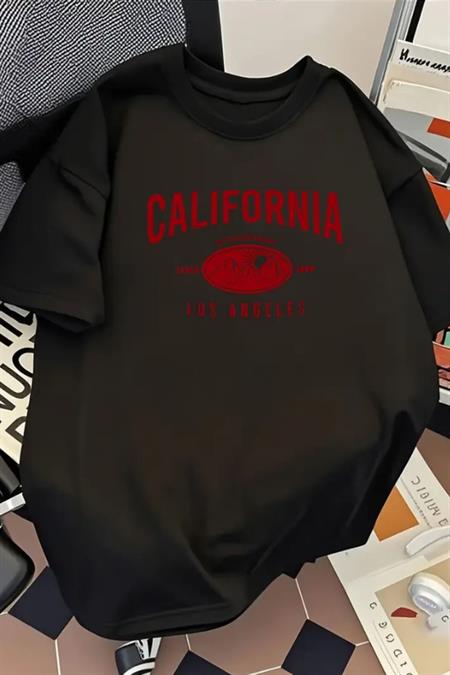 Erkek Mat Siyah Oversize Bisiklet Yaka Baskılı T-Shirt