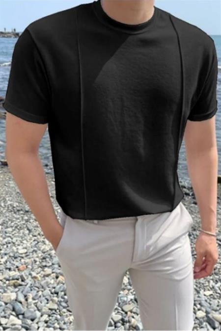 Beyaz Erkek Yuvarlak Yaka 2 Çizgili Örme Triko T-shirt