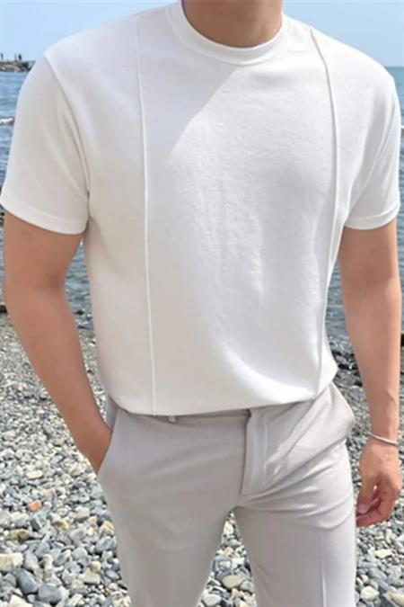 Beyaz Erkek Yuvarlak Yaka 2 Çizgili Örme Triko T-shirt