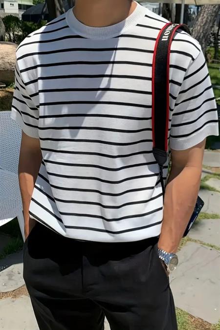 Beyaz Erkek Yuvarlak Yaka 2 Çizgili Örme Triko T-shirt