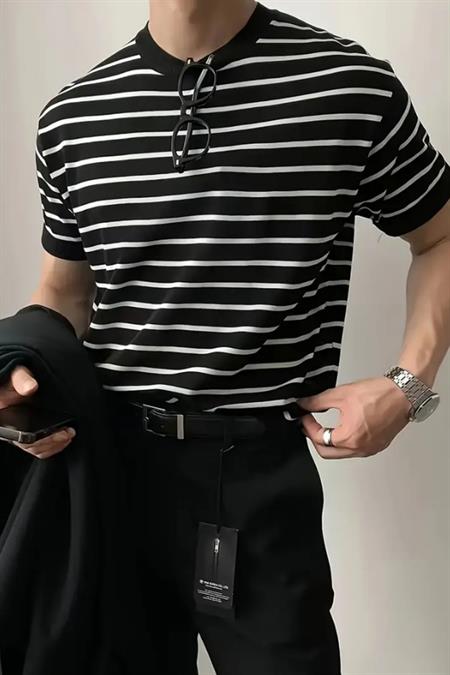 Beyaz Erkek Yuvarlak Yaka 2 Çizgili Örme Triko T-shirt