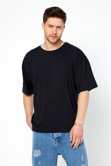 Erkek Siyah Basic Kısa Kollu Oversize T-shirt-dzovrszetr05s
