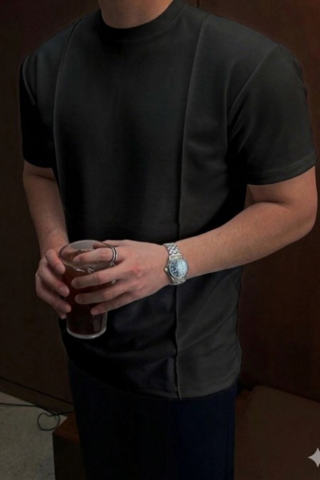 Erkek Çizgi Detaylı Slim Fit Tişört Bisiklet Yaka Casual Pamuklu T-shirt