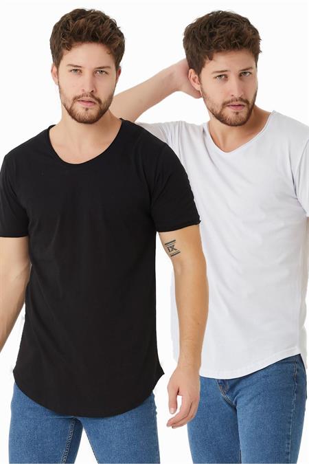 Erkek Siyah-beyaz Pis Yaka Salaş T-shirt-ikilitcpsr01s