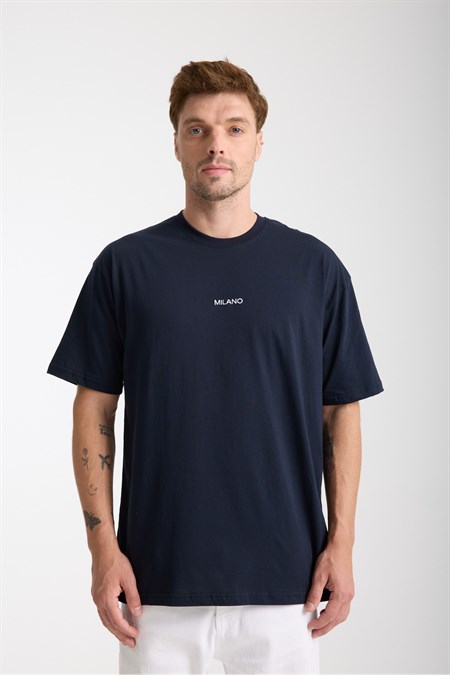 Erkek Milano Nakış Yazılı Oversize Bisiklet Yaka T-Shirt