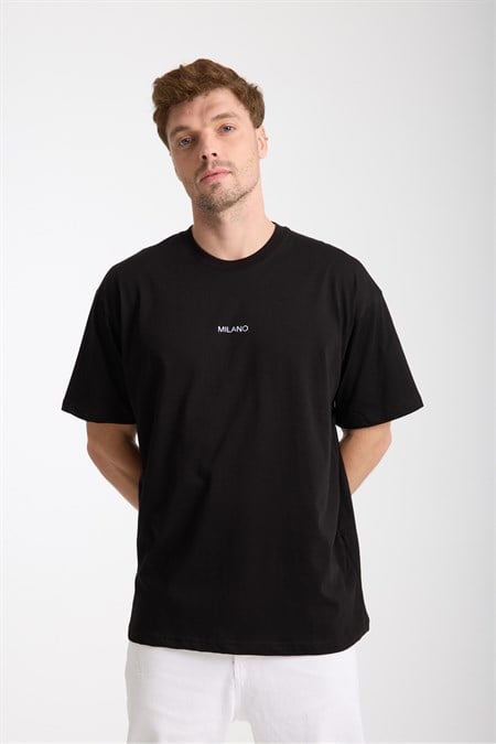 Erkek Milano Nakış Yazılı Oversize Bisiklet Yaka T-Shirt