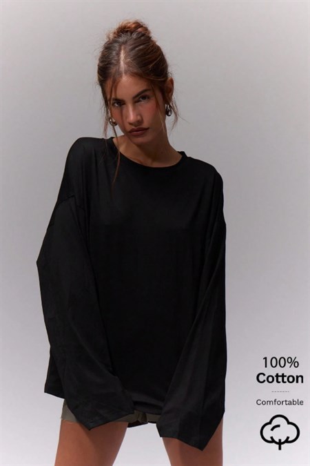 Kadın %100 Pamuk Bisiklet Yaka Oversize Fit Uzun Kollu T-shirt