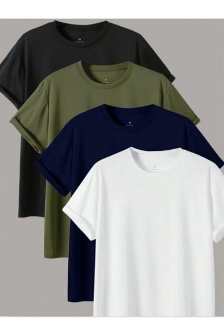 Erkek 4 Lü Paket Comfort Fit %100 Pamuk Kalın Dokulu Çok Renkli T-shirt