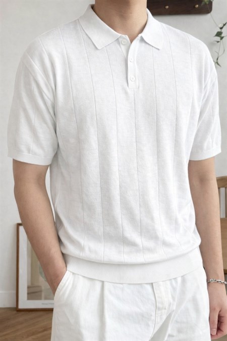 Erkek Düğmeli Polo Yaka Tişört Kısa Kollu Fitilli Pamuklu Triko
