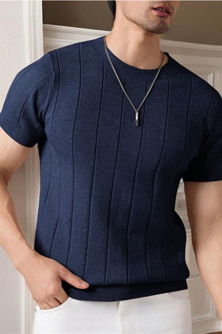 Erkek Siyah Fit Dokulu Kısa Kollu Bisiklet Yaka Triko Tişört