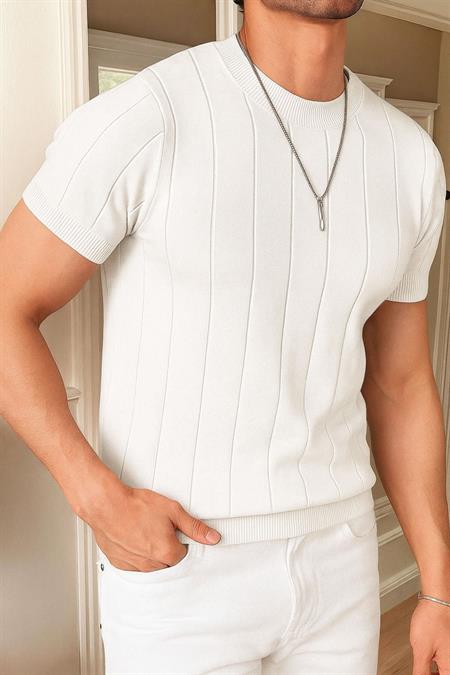 Erkek Siyah Fit Dokulu Kısa Kollu Bisiklet Yaka Triko Tişört