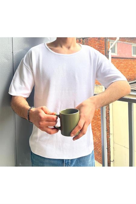 Erkek Geniş Yaka Oversize Triko T-Shirt