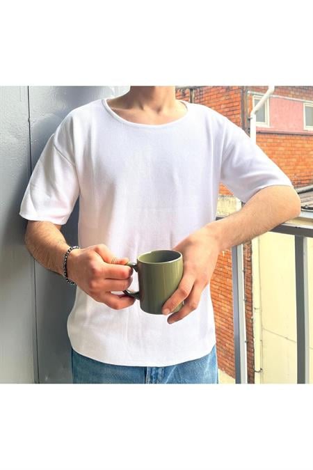 Erkek Geniş Yaka Oversize Triko T-Shirt