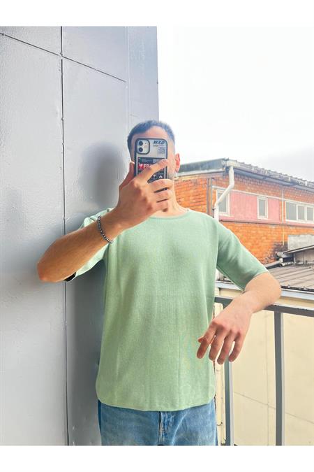 Erkek Geniş Yaka Oversize Triko T-Shirt