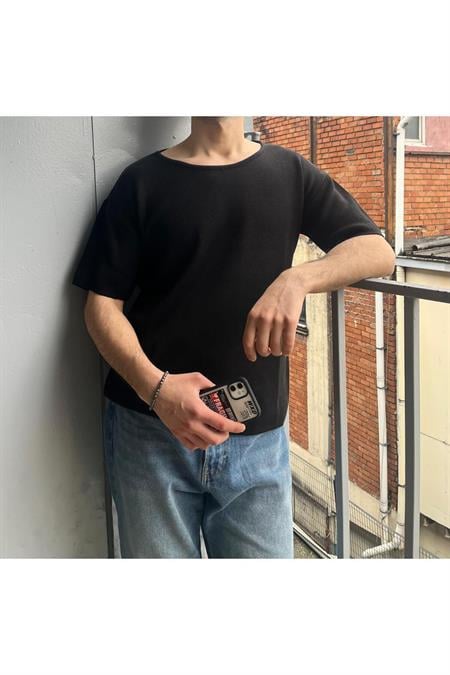 Erkek Geniş Yaka Oversize Triko T-Shirt