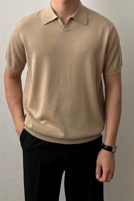 Erkek Kırık Beyaz Patlı Kısa Kollu Polo Yaka Triko T-Shirt