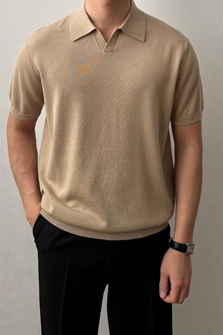 Erkek Kırık Beyaz Patlı Kısa Kollu Polo Yaka Triko T-Shirt