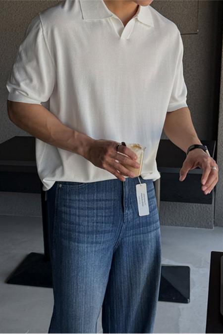 Erkek Kırık Beyaz Patlı Kısa Kollu Polo Yaka Triko T-Shirt