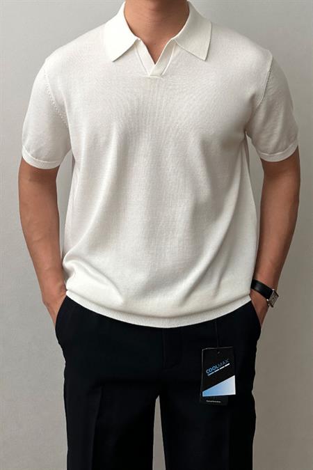 Erkek Kırık Beyaz Patlı Kısa Kollu Polo Yaka Triko T-Shirt