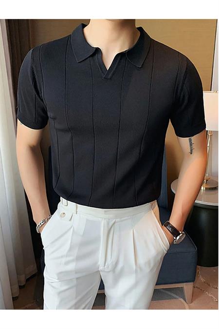 Erkek Canlı Beyaz Çizgili Kısa Kollu Triko T-Shirt