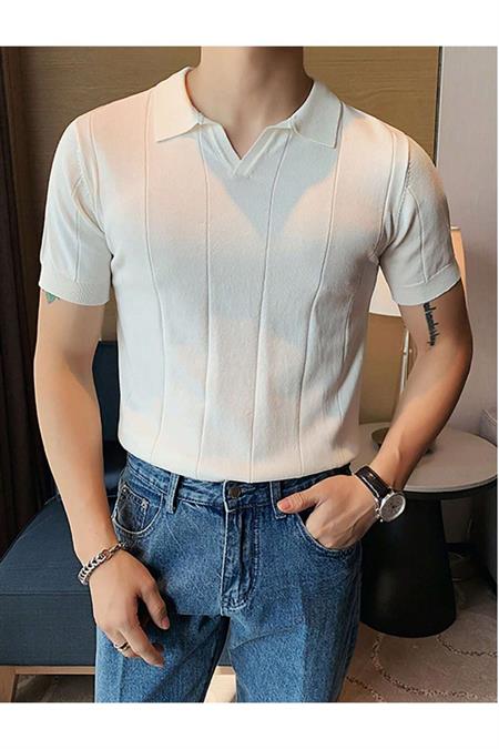 Erkek Canlı Beyaz Çizgili Kısa Kollu Triko T-Shirt