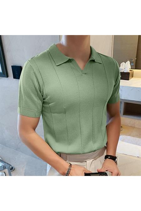 Erkek Canlı Beyaz Çizgili Kısa Kollu Triko T-Shirt