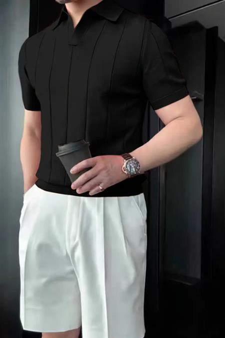 Erkek Canlı Beyaz Çizgili Kısa Kollu Triko T-Shirt