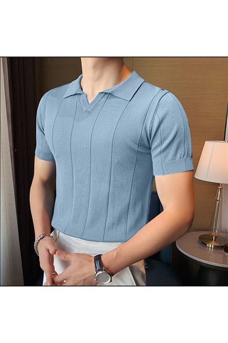 Erkek Canlı Beyaz Çizgili Kısa Kollu Triko T-Shirt