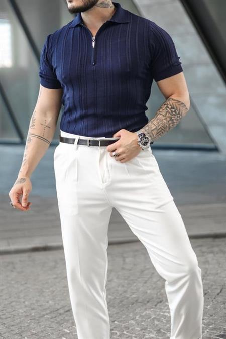 Erkek Çizgi Kabartmalı Polo Yaka Fermuarlı Triko T-Shirt