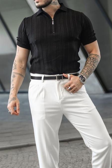 Erkek Çizgi Kabartmalı Polo Yaka Fermuarlı Triko T-Shirt