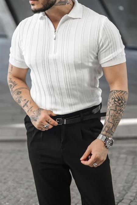 Erkek Çizgi Kabartmalı Polo Yaka Fermuarlı Triko T-Shirt