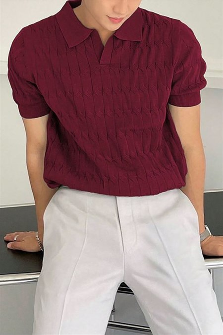 Erkek Taş İnce Saç Örgülü Slim Fit Polo Yaka Triko T-Shirt
