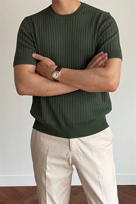 Erkek Fitilli Slim Fit Bisiklet Yaka Triko T-Shirt