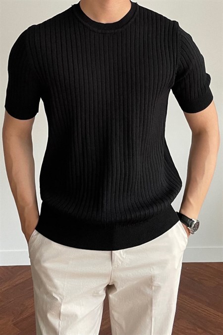 Erkek Fitilli Slim Fit Bisiklet Yaka Triko T-Shirt