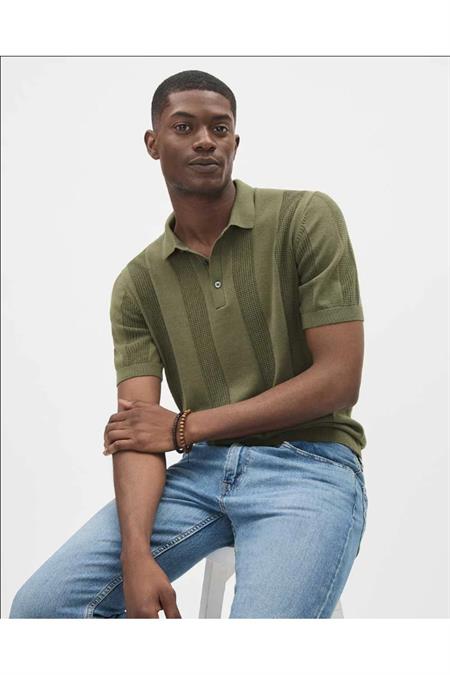 Erkek Dikine Şeritli 3 Düğme Polo Yaka Kısa Kol Triko