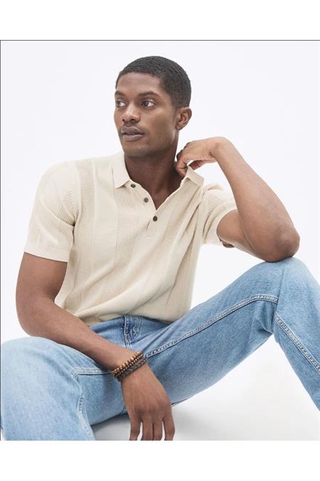 Erkek Dikine Şeritli 3 Düğme Polo Yaka Kısa Kol Triko