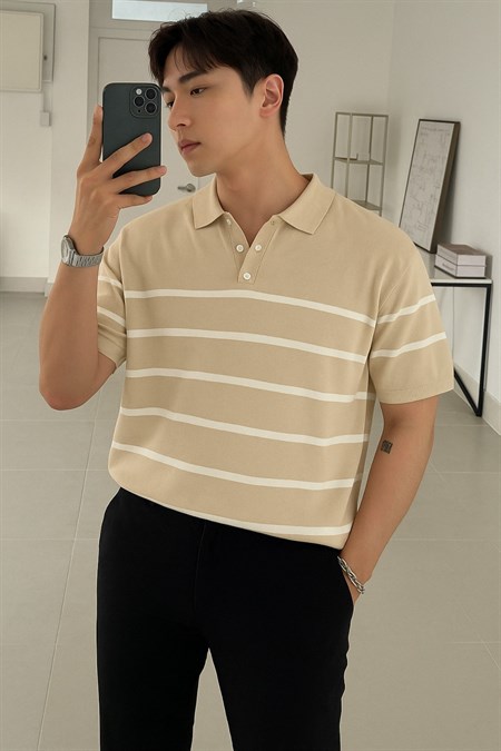Erkek Düğmeli Polo Yaka Çizgi Detaylı Slim Fit Triko T-Shirt