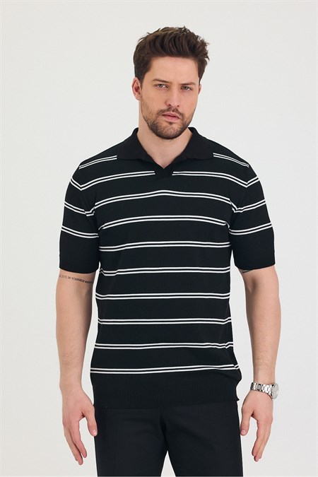 Erkek Polo Yaka Çift Çizgi Detaylı Triko T-shirt