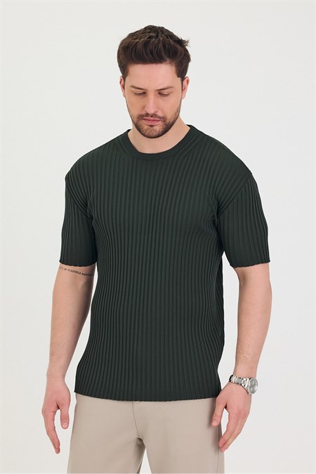 Erkek Bisiklet Yaka Fitilli Kısa Kollu Ince Triko T-shirt
