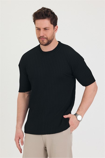 Erkek Bisiklet Yaka Fitilli Kısa Kollu Ince Triko T-shirt