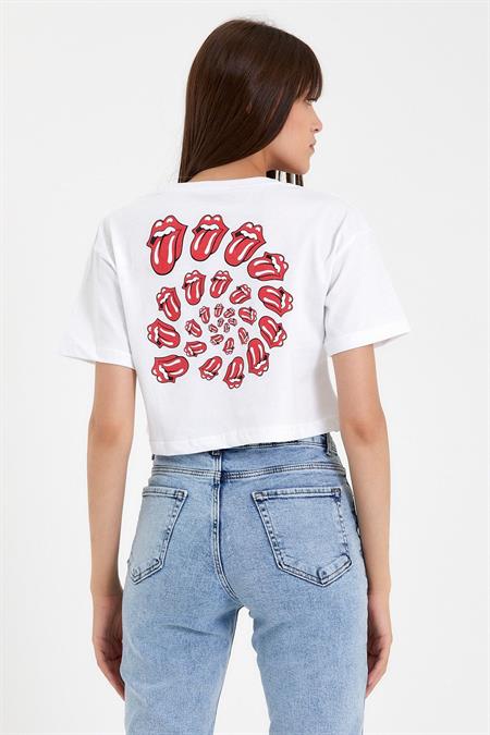 Beyaz Kadın Dil Ön Arka Baskılı Crop Tshirt-xdlbyntstr02s