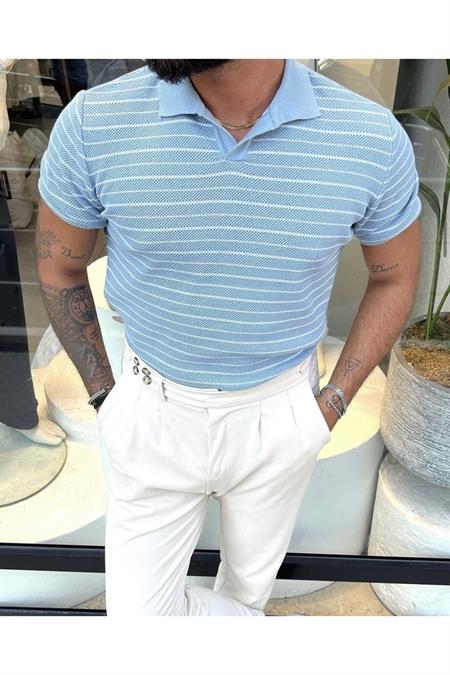 Çizgili Polo Yaka T-Shirt Taş
