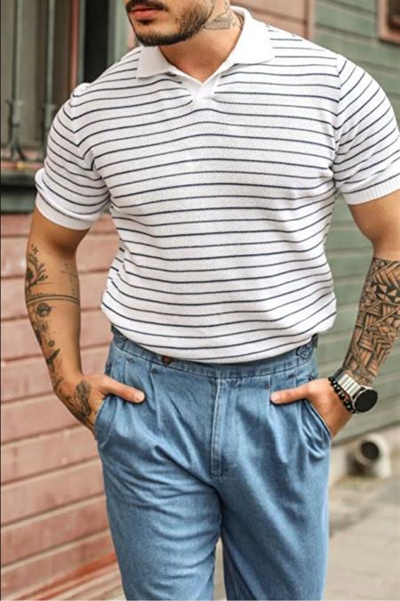 Çizgili Polo Yaka T-Shirt Taş