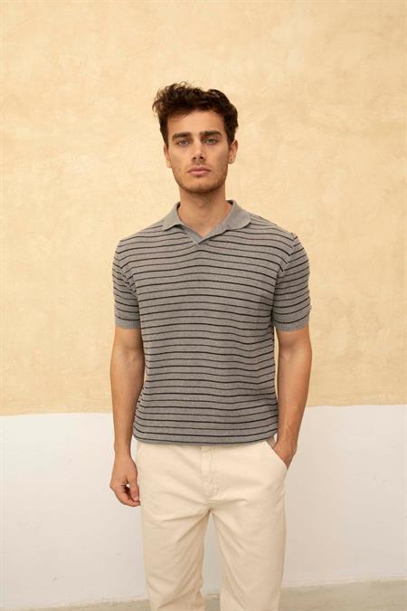 Çizgili Polo Yaka T-Shirt Taş