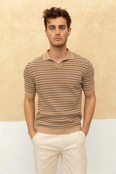 Çizgili Polo Yaka T-Shirt Taş